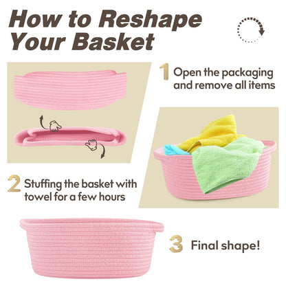 Pro Goleem Small Woven Basket with Gift Bags and Ribbons Durable Baskets for Mothers Day Gifts Empty Small Rope Basket for Storage 12"X 8" X 5" Baby Toy Baskets with Handles, White