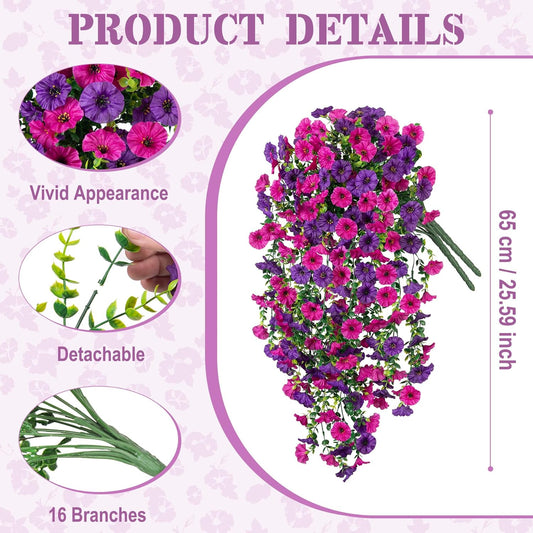 Artificial Hanging Petunias Flowers for Outdoor, 2pcs Fake Plants Long Vine Morning Glory Eucalyptus, UV Resistant Realistic Faux Greenery Indoor Outside Patio Porch Garden Spring Summer Decor, Purple