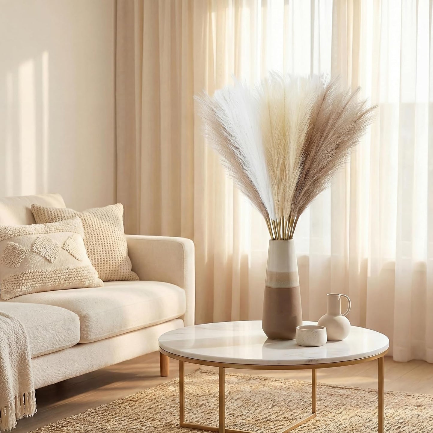 Pampas Grass Decor 21.7 Inch 30pcs, Faux Pampas Grass White Beige Brown Ultra Fluffy No Shedding for Boho Home Bedroom Wedding Vase Filler Dried Flower Arrangement