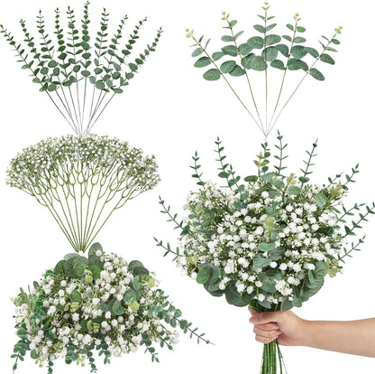 Serwalin 100 Pcs Mixed Artificial Eucalyptus Stems,Babys Breath Artificial Flowers Bulk with Faux Eucalyptus Leaves Greenery Stems for Wedding DIY Bouquets Floral Arrangement Home Decor