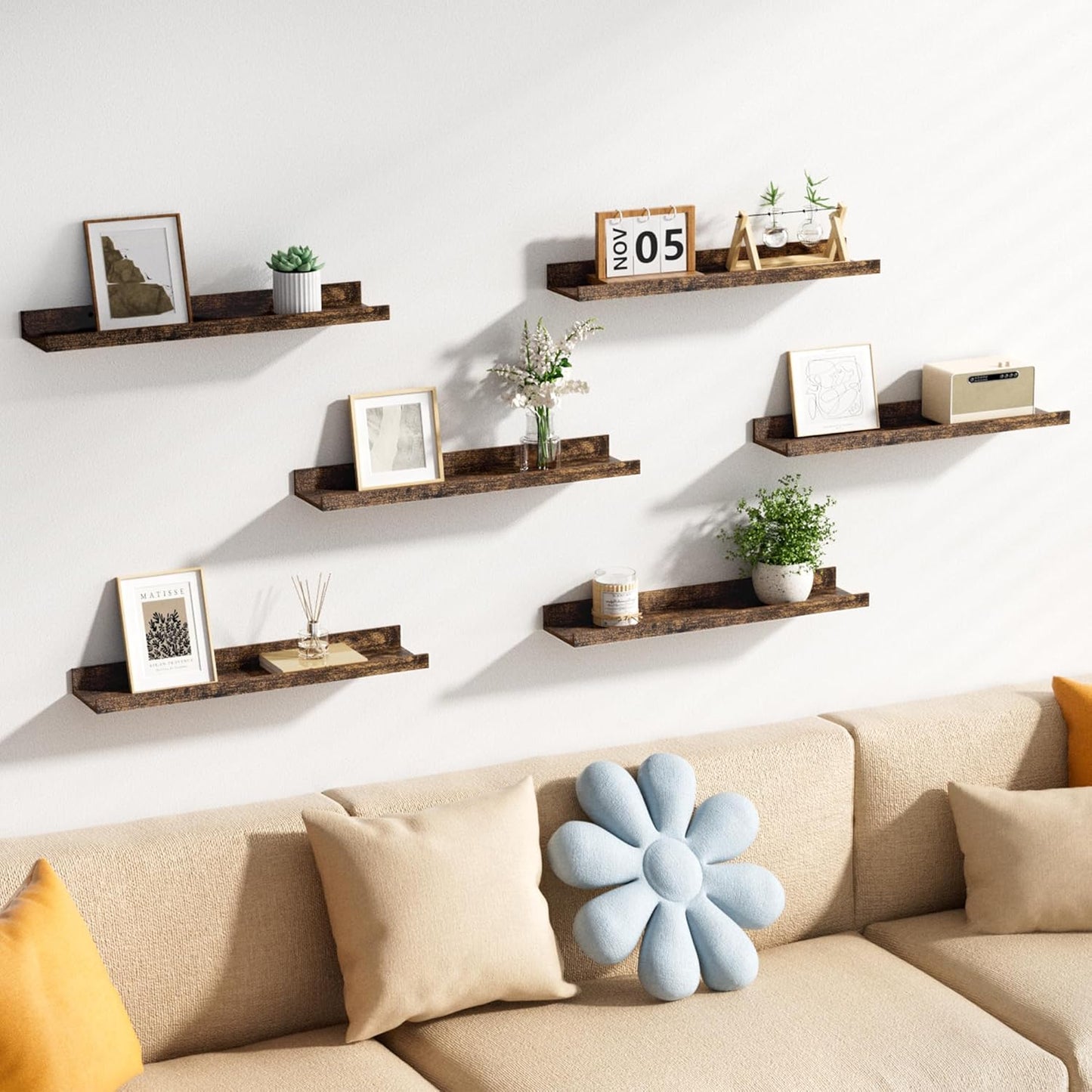 upsimples 6 Pack Wooden Floating Shelves, Wall Storage Decor Shelf for Bathroom, Bedroom, Living Room, Kitchen, Office and Laundry Room, Wall Mounted Display Hanging Shelf, Brown