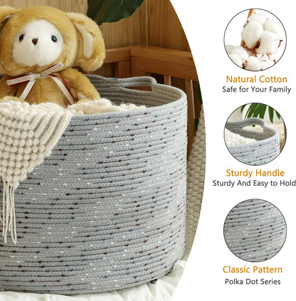 KAKAMAY Large Blanket Basket (20"x13"),Woven Baskets for storage Baby Laundry Hamper, Cotton Rope Blanket Basket for Living Room, Laundry, Nursery, Pillows, Baby Toy chest (White/Brown)