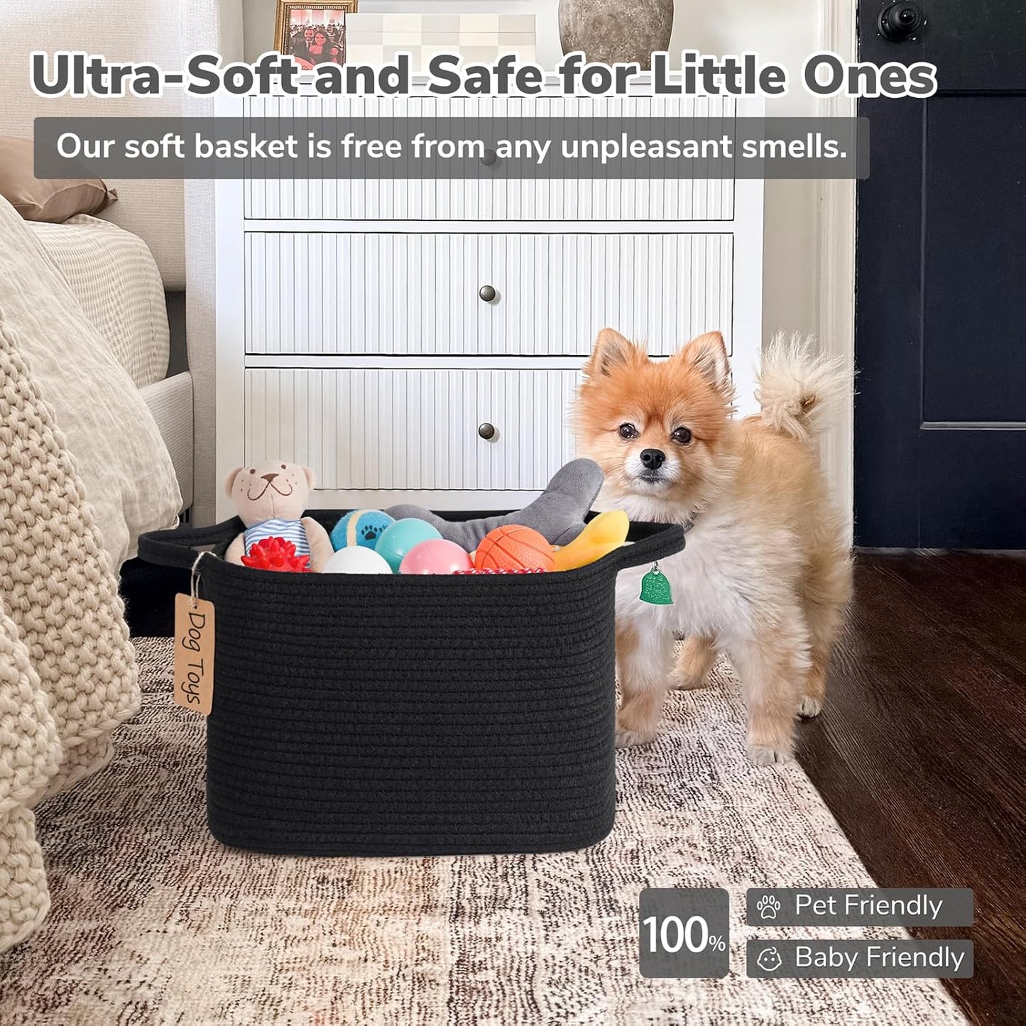 Goodpick Woven Storage Basket, Cotton Rope Basket for Dog Toys, Books, Stylish Gift Basket with Handles, 13 x 10 x 9 Inches Square Baskets for Organizing, Brown and White