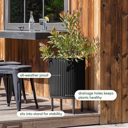 Veradek Demi Series Round Planter w/ Stand for Porch/Patio | Durable Plastic-Concrete & Wooden Stand | Modern Décor for Tall Plants, Flowers