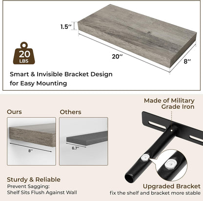 RICHFOCUS 72Inch Floating Shelves for Wall 2 Pack Shelves for Bedroom|Kitchen|Bathroom Wall Mounted Rustic Wood Floating Shelf with Invisible Brackets for Books|Storage|Decor, Rustic Brown