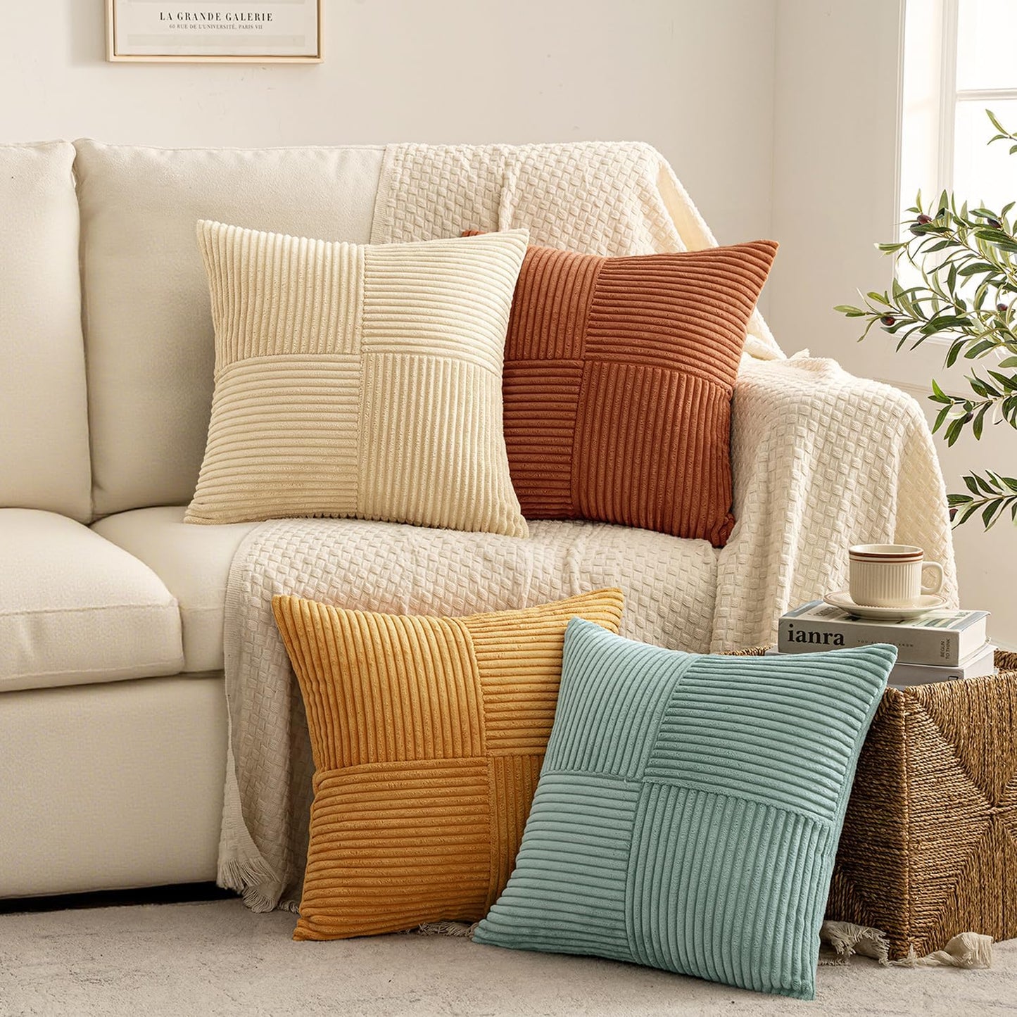 MIULEE Teal Orange Decorative Throw Pillow Covers 18x18 Inch Set of 4 Boho Corduroy Striped Cushion Cases Modern Farmhouse Patchwork Pillow Cases for Couch Sofa Bedroom Home Decor