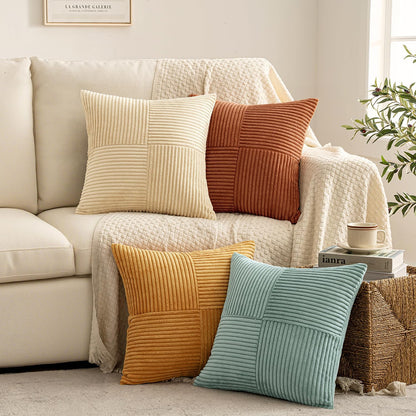 MIULEE Teal Orange Decorative Throw Pillow Covers 18x18 Inch Set of 4 Boho Corduroy Striped Cushion Cases Modern Farmhouse Patchwork Pillow Cases for Couch Sofa Bedroom Home Decor