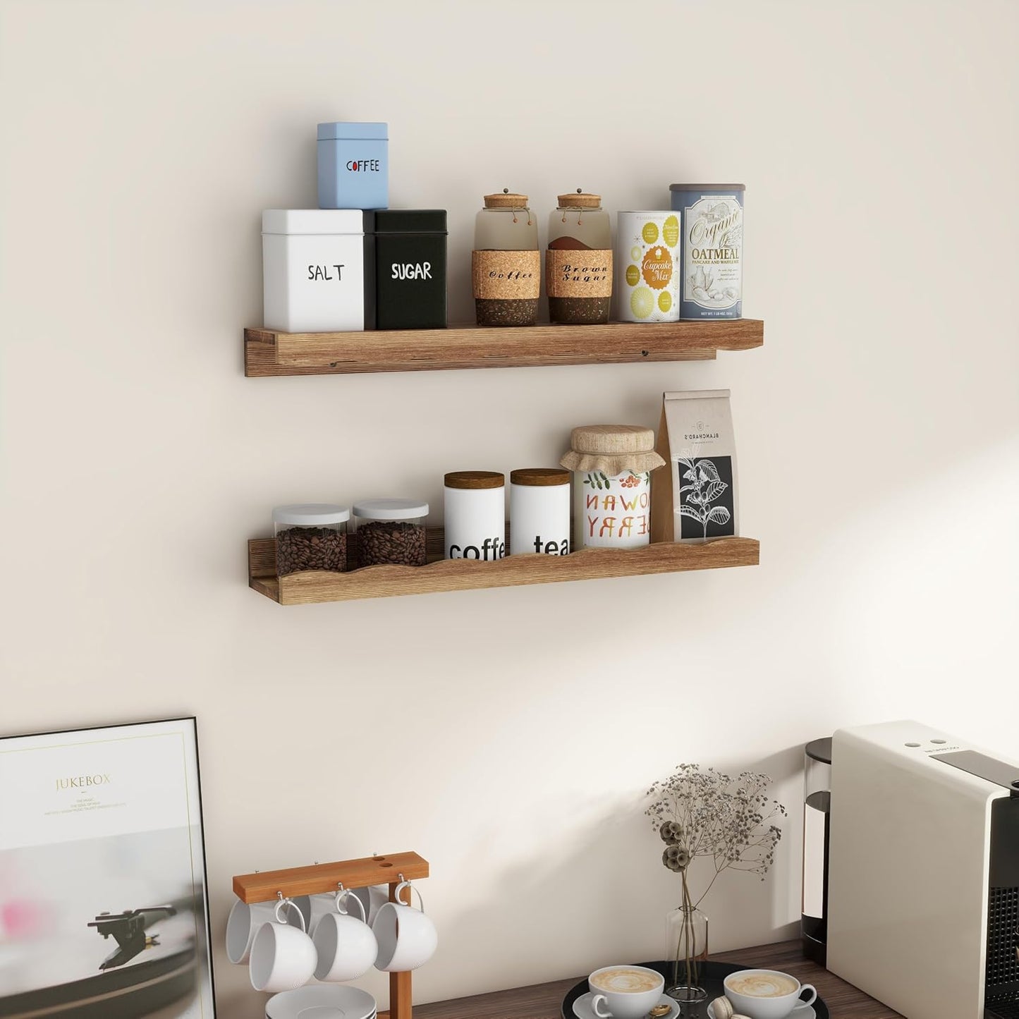 Fun Memories Picture Ledge Shelf for Wall, 24 inch Pine Wood Nursery Book Shelves Set of 2- Wall Book Shelves for Kids Room, Home Decor - Kitchen Spice-White