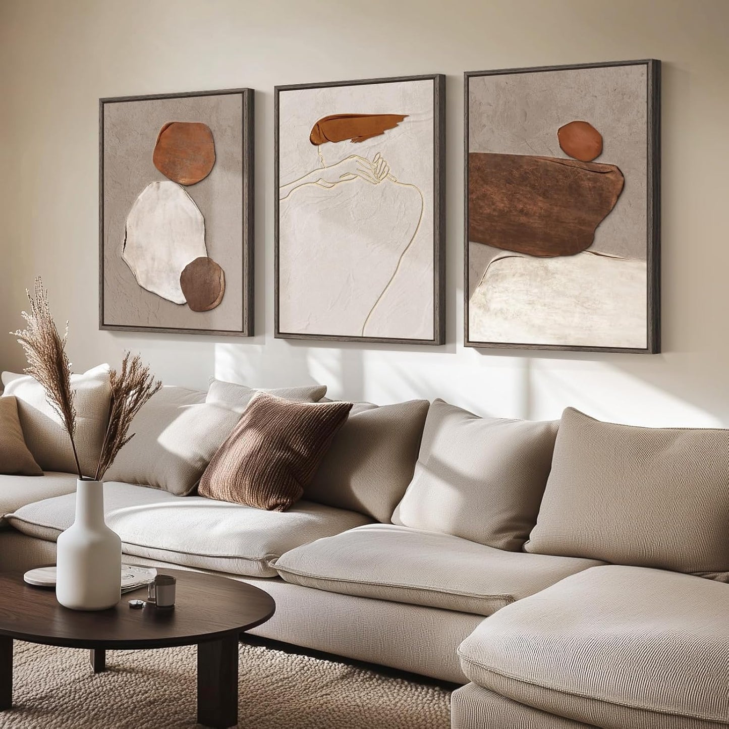 Large Framed Neutral Abstract Wall Art for Living Room, 3 Piece Modern Canvas Prints Paintings Artwork for Walls, Black and Beige Pictures for Living Room Hallway Stair Office Wall Decor 24x36 Inch