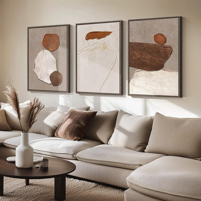 Large Framed Neutral Abstract Wall Art for Living Room, 3 Piece Modern Canvas Prints Paintings Artwork for Walls, Black and Beige Pictures for Living Room Hallway Stair Office Wall Decor 24x36 Inch
