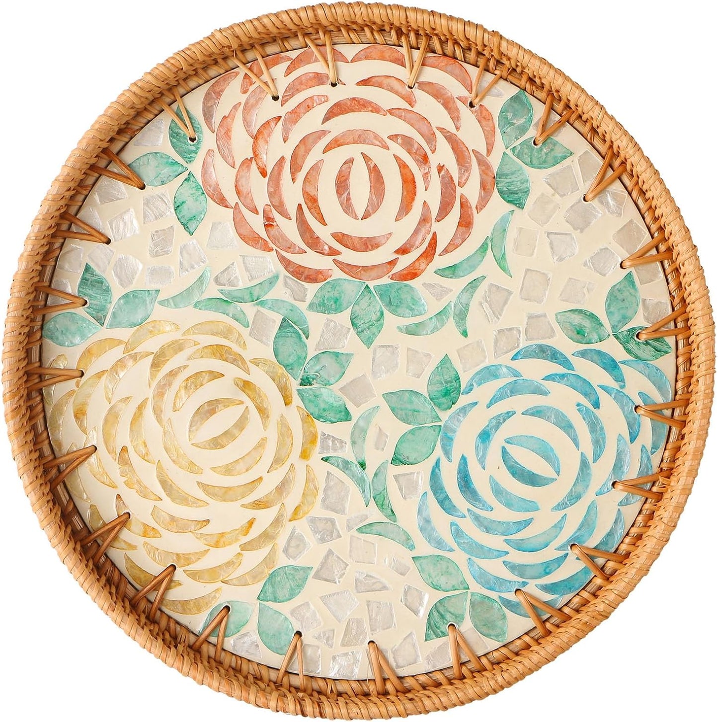 Round Rattan Tray with Mother of Pearl Inlay, Decorative Wicker Serving Tray with Wooden Base, Woven Basket Trays for Bread Fruits Coffee, Leaf