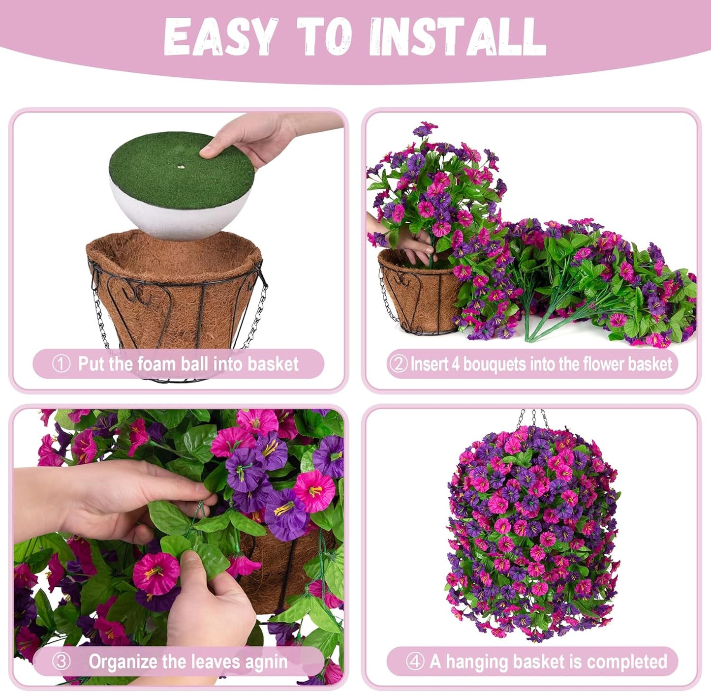 INXUGAO Artificial Flowers with Hanging Basket, Outdoor Faux Plants Silk Morning Glory Vines, Fake Green Arrangement for Garden Patio Spring Summer Decor(4pcs,Darkorchid)