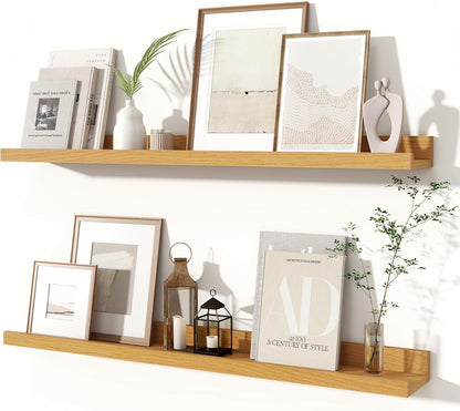 Fun Memories Picture Ledge Shelves Set of 2, 32 Inch Rustic Wall Mounted Floating Shelves with Lip for Home Storage and Décor in Bathroom, Kitchen, Nursery, Bedroom, Living Room, Walnut