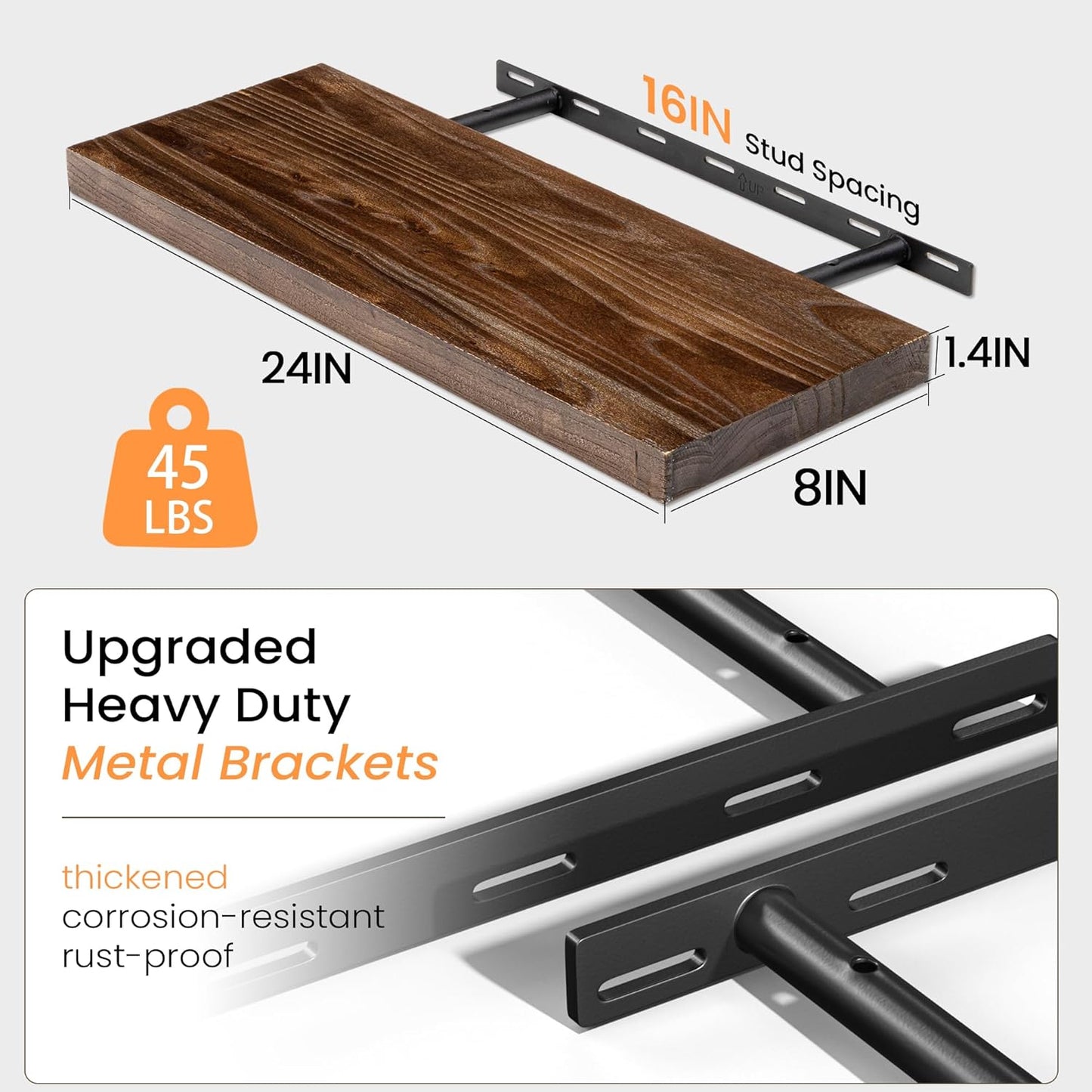 Floating Shelves 36 Inches Long - 8 Inch Deep Rustic Premium Solid Pine Wood for Storage - Farmhouse Wall Mounted for Living Room - Heavy-Duty Metal Bracket - 36" W x 8" D - Set of 2 - White Color