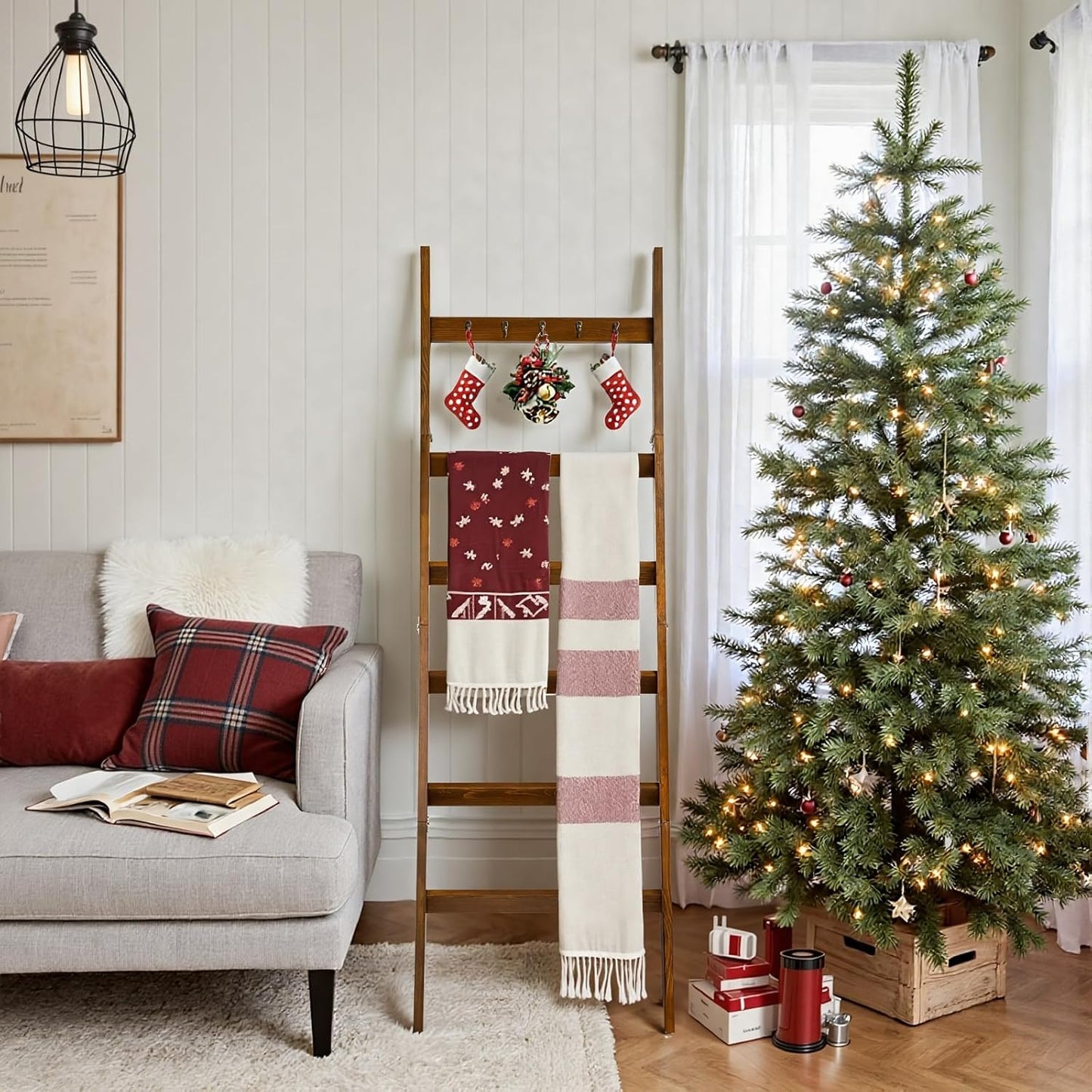 TEAKMAMA 6-Tier Blanket Ladder for Living Room and Bedroom,5.4 Ft Wall Leaning Quilt Rack with Hooks,Rustic Decorative Farmhouse Blanket Storage,Stylish Ladder Holder,Christmas Decorations,Black