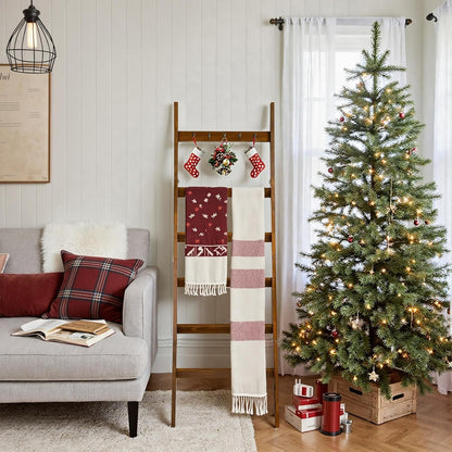 TEAKMAMA 6-Tier Blanket Ladder for Living Room and Bedroom,5.4 Ft Wall Leaning Quilt Rack with Hooks,Rustic Decorative Farmhouse Blanket Storage,Stylish Ladder Holder,Christmas Decorations,Black