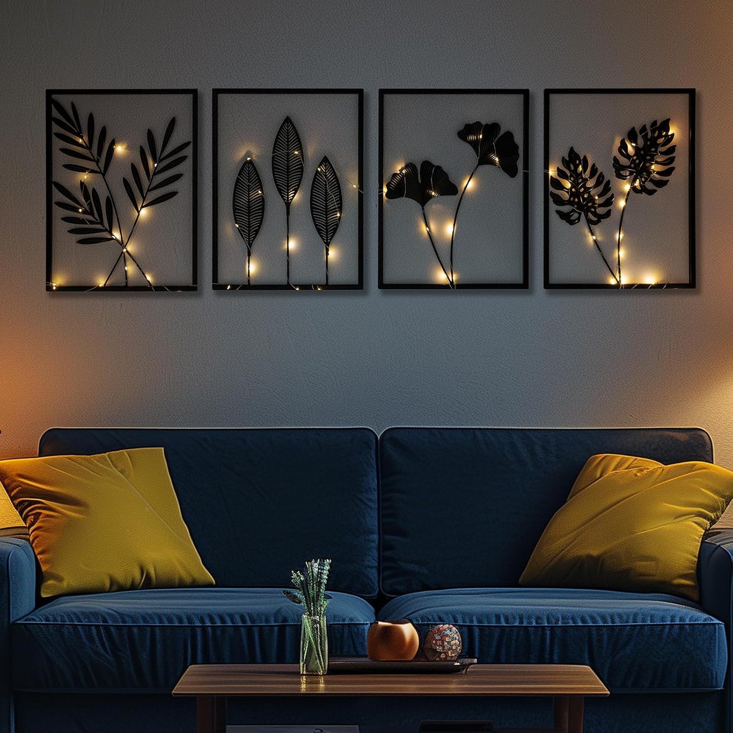 QXSXKJ Black Metal Wall Decor Framed, 3d Modern Metal Wall Art with Light, Minimalist Abstract Black Line Art DéCor, 4 Piece Home Art for Living Room Bedroom Bathroom