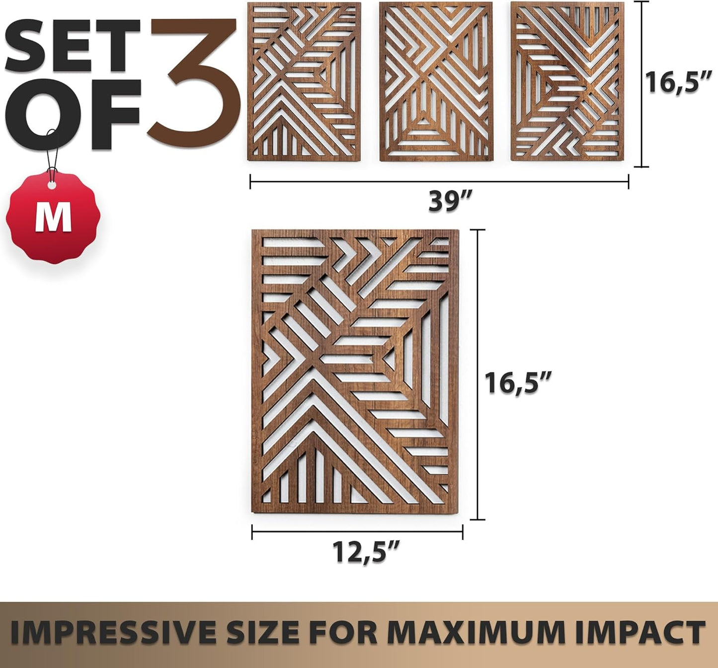 qmmp Modern Wooden Wall Sculptures - Set of 3 - Home Decor Accent - Large Wall Art for Living Room, Bedroom, Office - Easy Installation (Oak, Medium - Mountain and Sun)