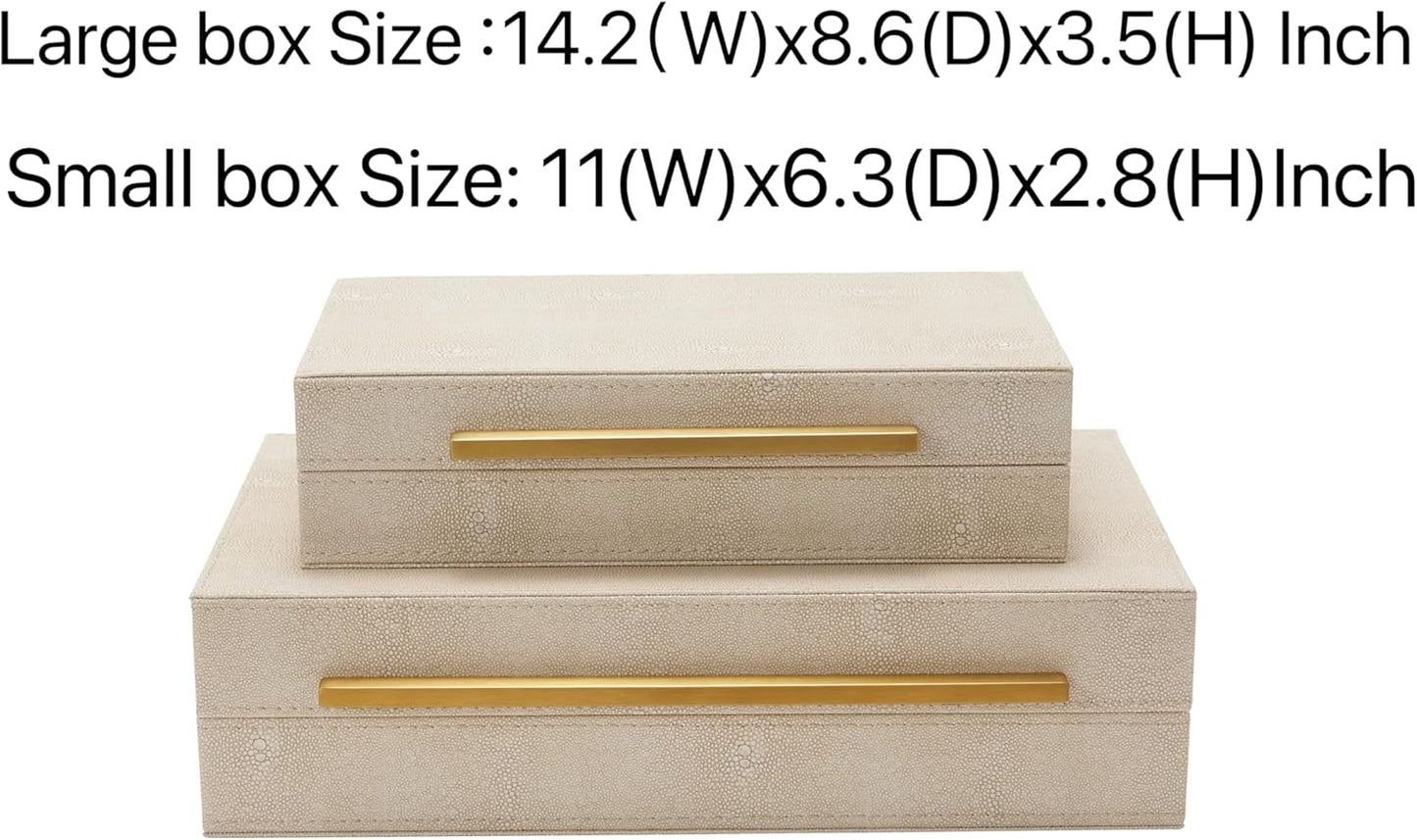 Sagala Set of 2 Ivory Shagreen Decorative Boxes With Brushed Gold Metal Handles, Faux Leather Jewelry Boxes Modern Storages Photo Memory Boxes Home Organizer Boxes (Ivory-Gold, 2pack)