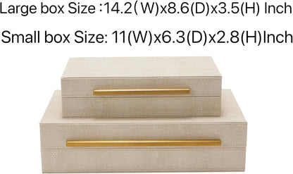 Sagala Set of 2 Ivory Shagreen Decorative Boxes With Brushed Gold Metal Handles, Faux Leather Jewelry Boxes Modern Storages Photo Memory Boxes Home Organizer Boxes (Ivory-Gold, 2pack)