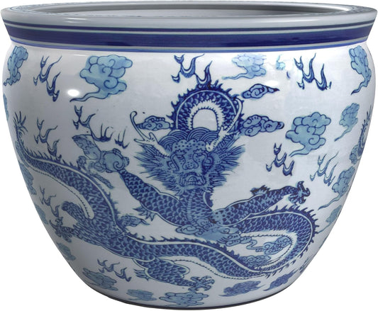 Red Lantern 14" Floral Blue & White Porcelain Fishbowl Planter or Cachepot for Indoor/Outdoor Use in Garden Entryway Living Room Boho Eclectic Modern Contemporary Classic Traditional Style Decor