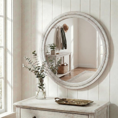 30" Round Solid Wood Mirror for Bathroom Vanity, Handcrafted Beaded Circle Wall Mirror - Natural Boho Farmhouse Decor for Entryway & Bedroom