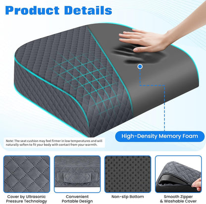 Seat Cushion, Memory Foam Chair Pad for Sciatica & Hip Pain Relief, Non-Slip Cushion for Office, Home, Car, Large Desk Chair Cushion, Washable Cover & Handle, Large, Black