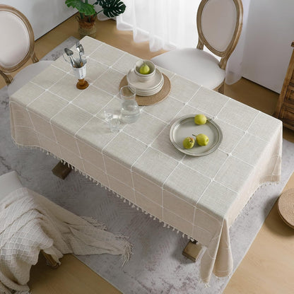 Softalker Outdoor Tablecloth Rectangle, Waterproof Linen Cotton Farmhouse Table Cloths with Tassel, Heavy Weight Wrinkle Free Boho Table Cover for Picnic Camping Dining - 55 x 70 Inch, Coffee Lines