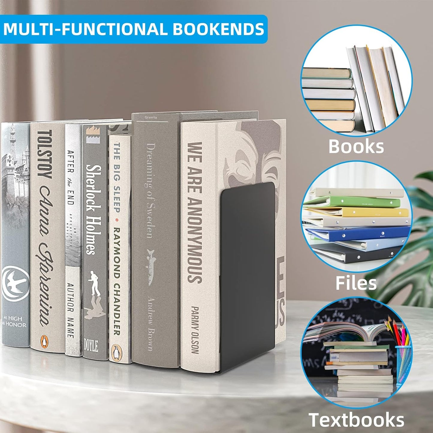 VFINE Bookends 4 Pairs, Black Metal Book Ends, Bookends for Shelves, Book Stopper for Heavy Books, Book Dividers for Home Office School Supplies