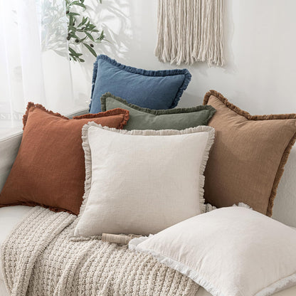MIULEE Decorative Throw Pillow Covers Neutral Linen Fringe Throw Pillows Set of 2 Natural Beige Boho Farmhouse Cushion Covers with Tassels for Couch Sofa Bed Spring Home Decor 20x20 Inch
