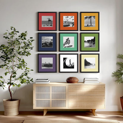 eletecpro 12x12 Picture Frames Set of 9 with Clear Acrylic Cover, Display 8x8 Photos with Mat or 12x12 Without, Classic and Sturdy Square Collage Gallery Wall Decor, Easy Wall Mount, Black