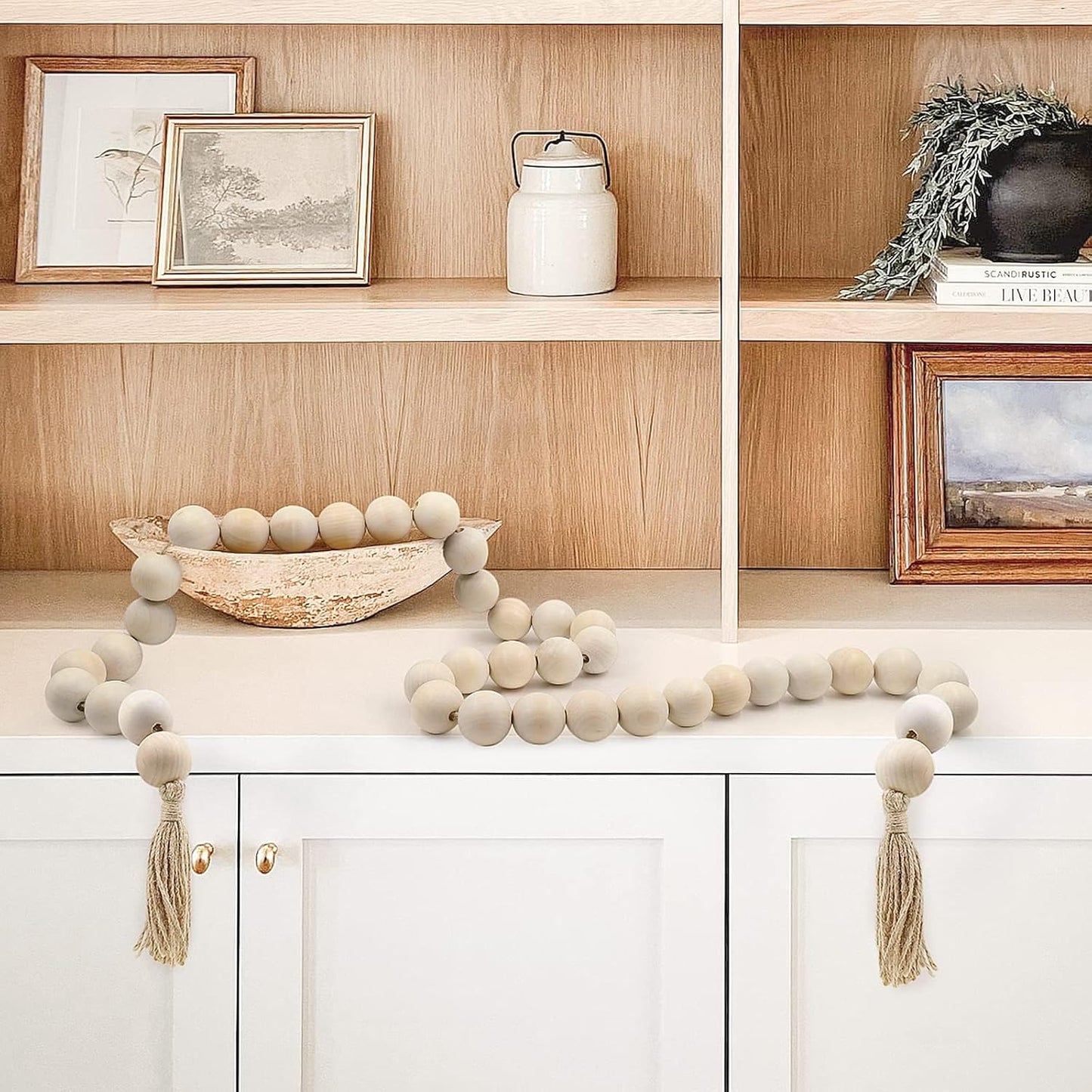 AceList 72" Large Wood Bead Garland with Tassels - Chunky Boho Farmhouse Decor for Coffee Table, Mantel & Entertainment Center - Natural Prayer Beads & Coastal Tray Styling (1.5 Inch Big Beads)