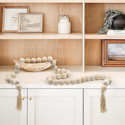 AceList 72" Large Wood Bead Garland with Tassels - Chunky Boho Farmhouse Decor for Coffee Table, Mantel & Entertainment Center - Natural Prayer Beads & Coastal Tray Styling (1.5 Inch Big Beads)