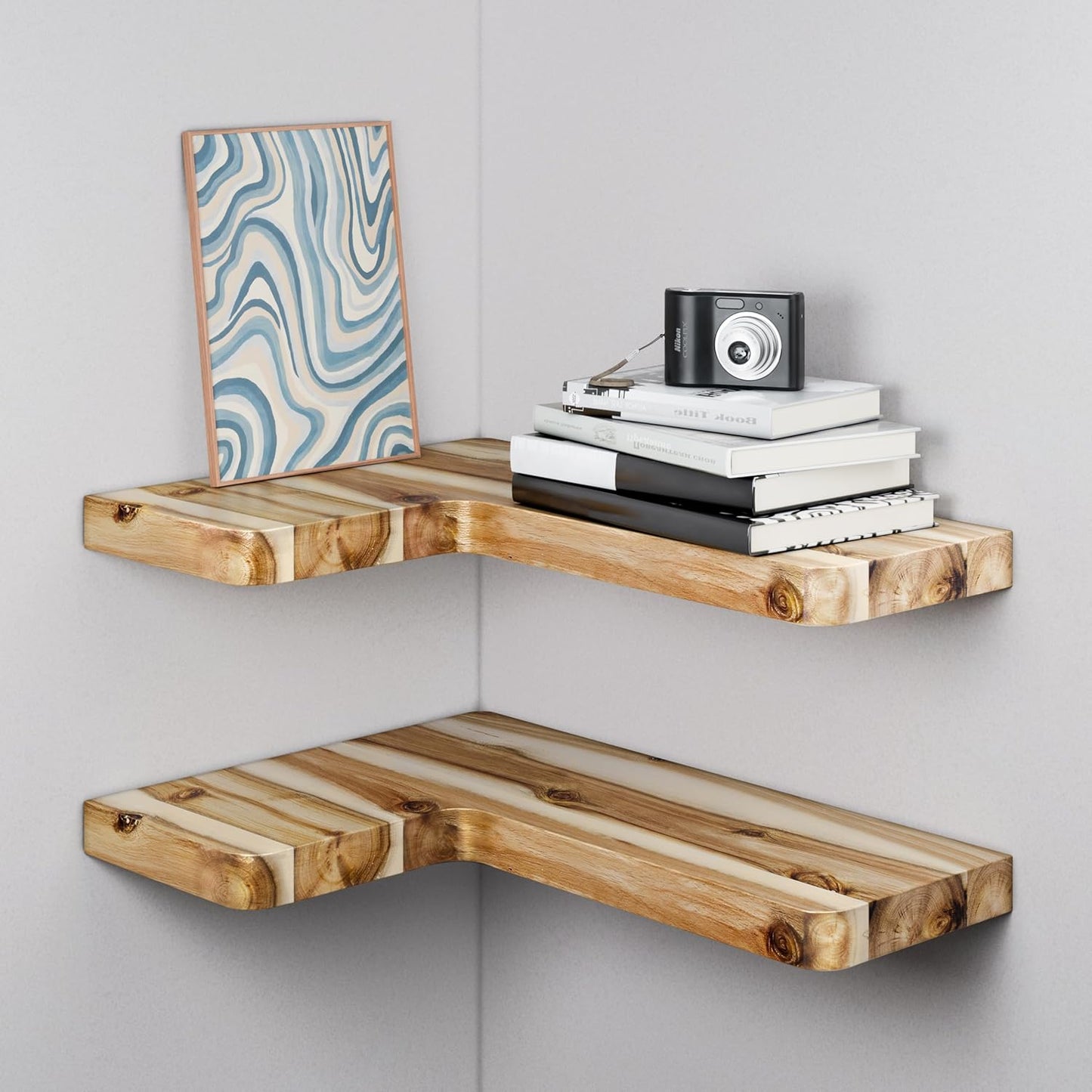 BATODA Acacia Wood Corner Floating Shelves 17" x 12"– Corner Shelf Wall Mounted - Floating Book Shelves for Wall - Brackets and Shelving Hardware Included for Kitchen, Living Room, Bathroom (Set 2)
