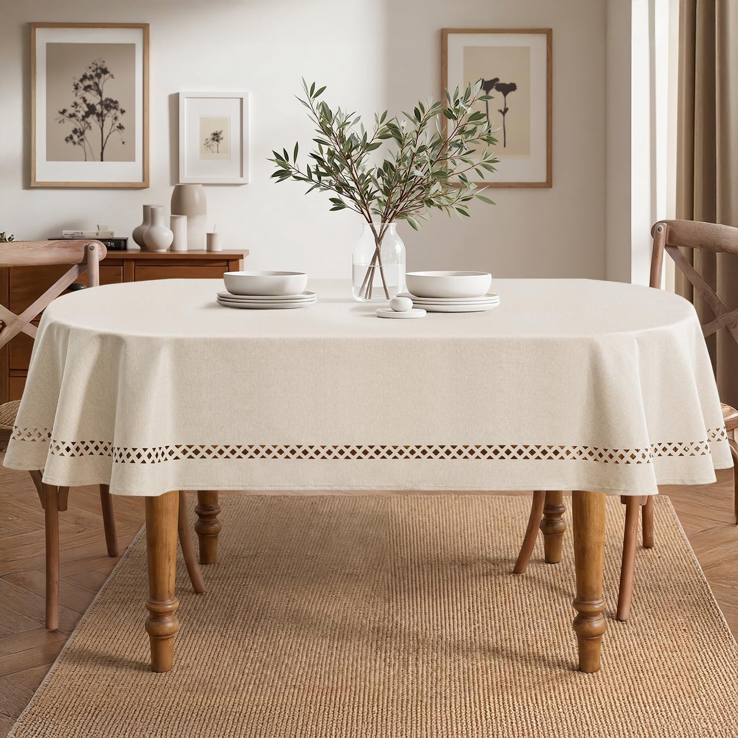 MIULEE Beige Rectangle Linen Polyester Tablecloth with Decorative Cutouts Spring Waterproof Stain Resistant & Shrink-Proof Table Cloth 52x70 inch Farmhouse Style for Dining Wedding and Outdoor