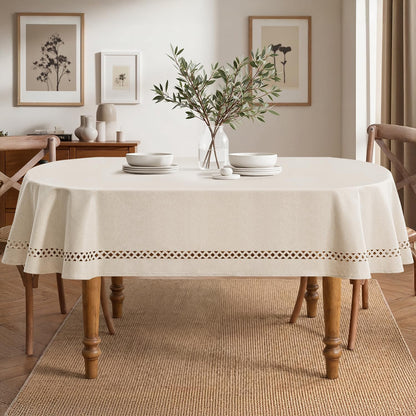 MIULEE Beige Rectangle Linen Polyester Tablecloth with Decorative Cutouts Spring Waterproof Stain Resistant & Shrink-Proof Table Cloth 52x70 inch Farmhouse Style for Dining Wedding and Outdoor
