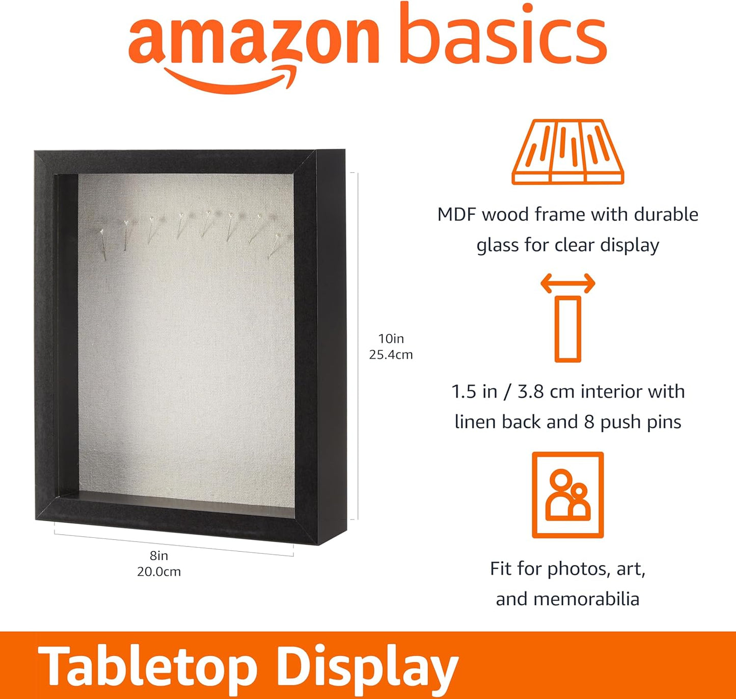 Amazon Basics 8.5" x 11" Shadow Box Wood Rectangular Frame for Display Photos, Memorabilia, Black