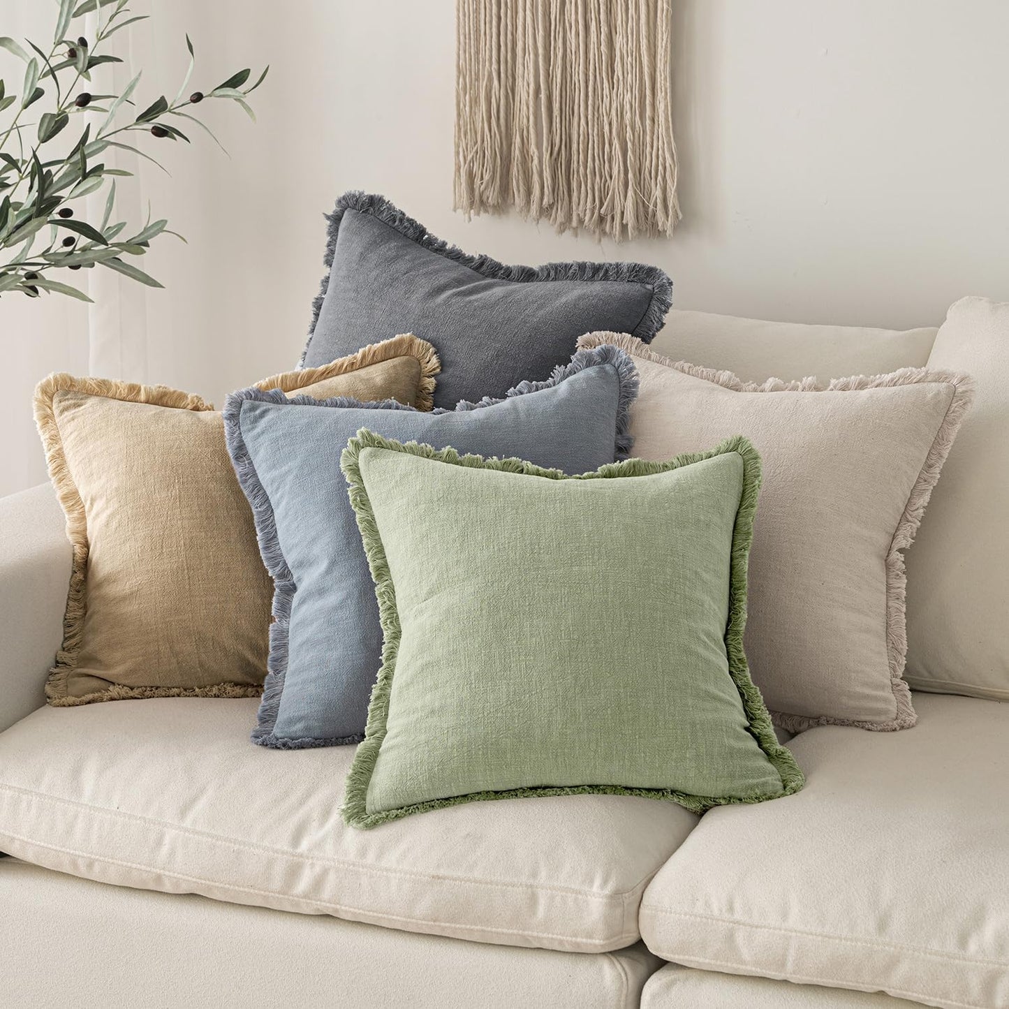 MIULEE Decorative Throw Pillow Covers Neutral Linen Fringe Throw Pillows Set of 2 Natural Beige Boho Farmhouse Cushion Covers with Tassels for Couch Sofa Bed Spring Home Decor 20x20 Inch