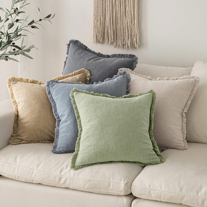 MIULEE Decorative Throw Pillow Covers Neutral Linen Fringe Throw Pillows Set of 2 Natural Beige Boho Farmhouse Cushion Covers with Tassels for Couch Sofa Bed Spring Home Decor 20x20 Inch