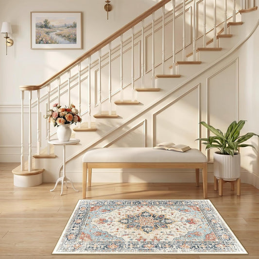RELEANY Area Rugs Round 6ft Washable Non-Slip, Floral Vintage Distress Print Pattern Medallion Carpet for Living Room Bedroom Dining Room, Brick Red Rust Neutral Brown Burnt Orange Green - Colors A