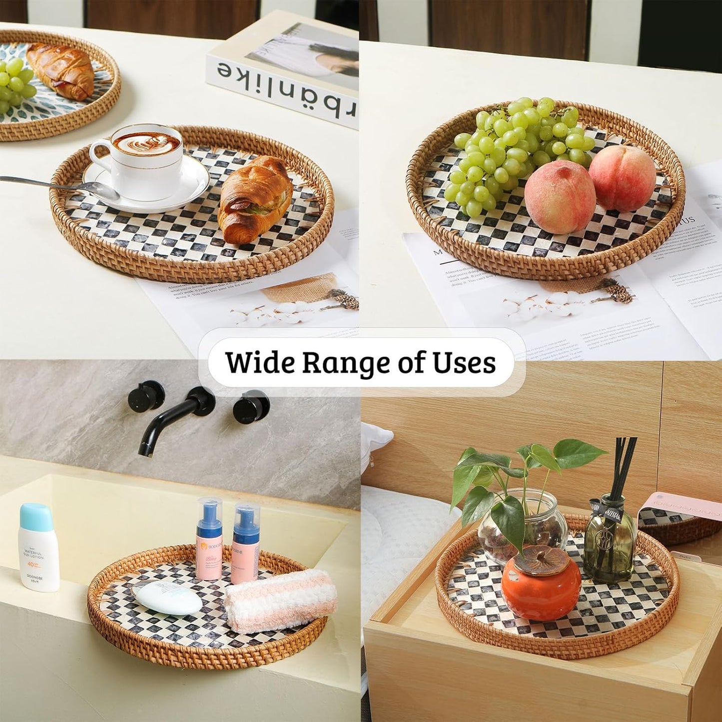 Round Rattan Tray with Mother of Pearl Inlay, Decorative Wicker Serving Tray with Wooden Base, Woven Basket Trays for Bread Fruits Coffee, Leaf