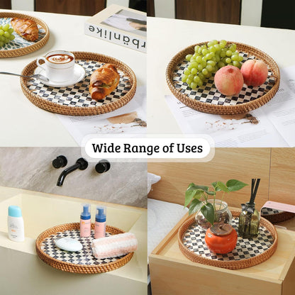Round Rattan Tray with Mother of Pearl Inlay, Decorative Wicker Serving Tray with Wooden Base, Woven Basket Trays for Bread Fruits Coffee, Leaf
