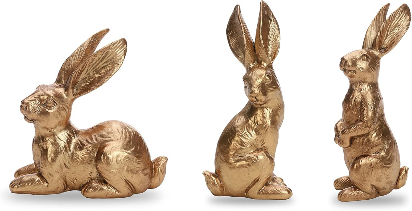 DN DECONATION Golden Polyresin Bunny Decor Rabbit Figurines, Easter Bunny Statue Set of 3 for Spring Tabletop Decor