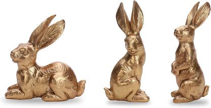 DN DECONATION Golden Polyresin Bunny Decor Rabbit Figurines, Easter Bunny Statue Set of 3 for Spring Tabletop Decor