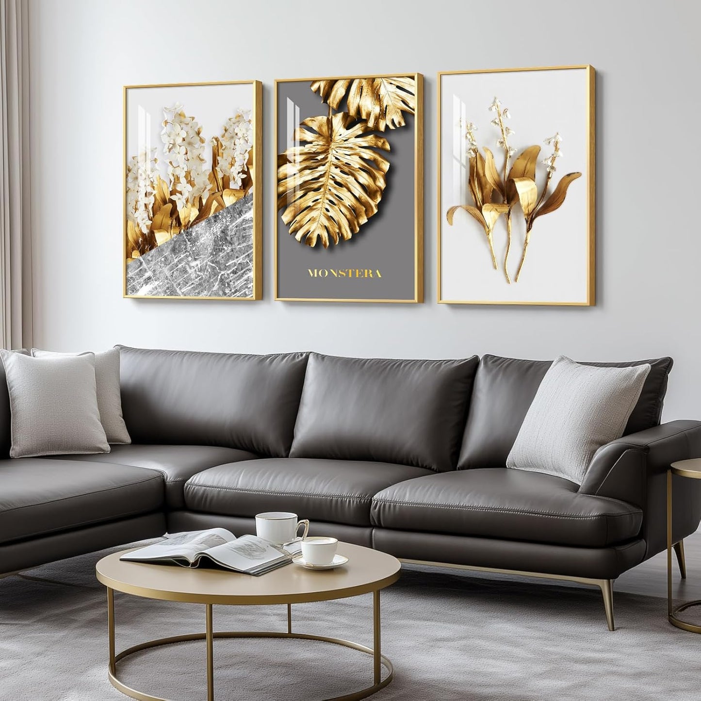 Framed Modern Luxury Gold Wall Art, Set of 3 Piece Contemporary Paintings Artwork for Walls, Golden Prints Pictures with Gold Frame, Wall Decor for Living Room, Hallway, Bedroom, Office 16x24 Inch