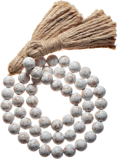 Farmhouse Wood Bead Garland Home Decor, Natural Wooden Garland for Tiered Tray, Decorative Tassel for Tier Tray, Rustic Beads Centerpiece Boho Table Decor, Beaded Accent White Washed