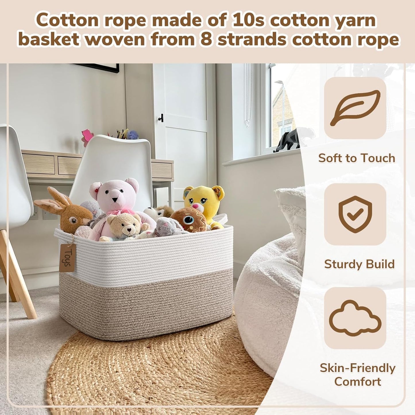 Goodpick Woven Storage Basket, Cotton Rope Basket for Dog Toys, Books, Stylish Gift Basket with Handles, 13 x 10 x 9 Inches Square Baskets for Organizing, Brown and White