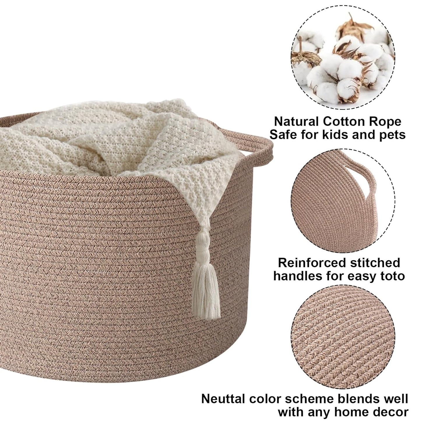 Large Woven Blanket Basket,65L Cotton Rope Laundry Basket Hamper with Handles, Decorative Nursery Basket Storage Bin for Toys, Clothes Organizer, Living Room, Bedroom, Bathroom, White & Brown