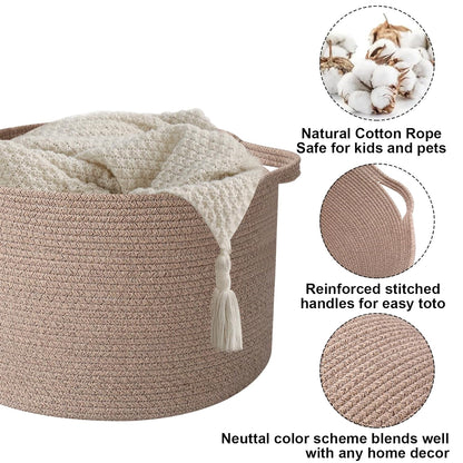 Large Woven Blanket Basket,65L Cotton Rope Laundry Basket Hamper with Handles, Decorative Nursery Basket Storage Bin for Toys, Clothes Organizer, Living Room, Bedroom, Bathroom, White & Brown
