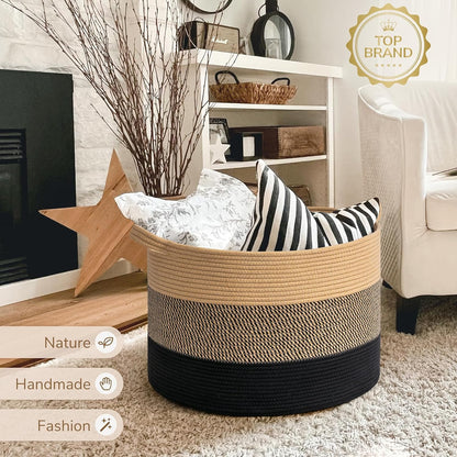 INDRESSME XXXLarge Blanket Basket for Living Room 21.7" x 21.7" x 13.8"-Storage Basket with Handle for Organizing Toy Pillows Woven Cotton Rope Laundry Basket Stuffed Animal Toy Storage for Play Room